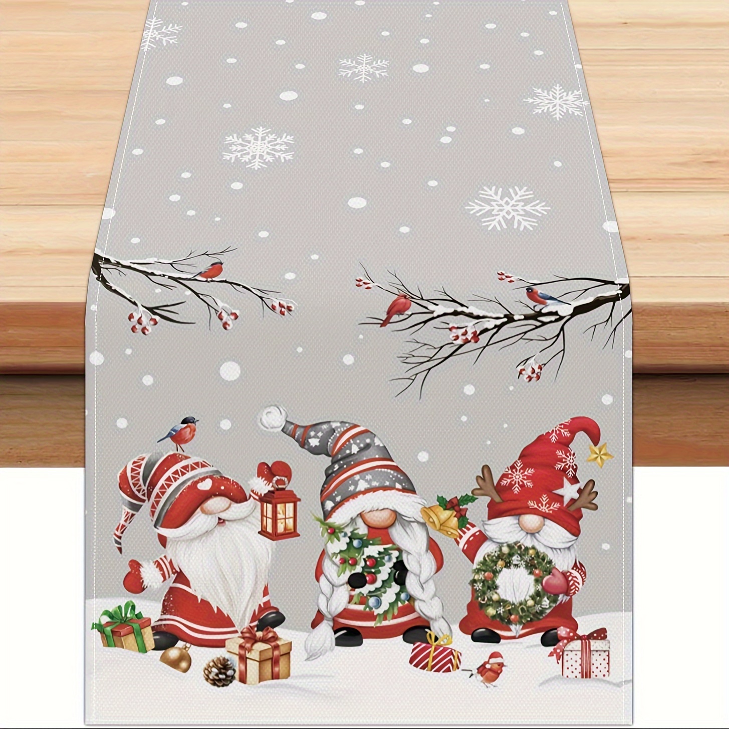Image of 1pc Linen Grey Christmas Gnome Table Runner, Seasonal Winter Snowflake Xmas Holiday Table Runner For Party Kitchen Home Decor, Gnomes Christmas Home Decorations Table Runner 13x48/13x72/13x108 Inch