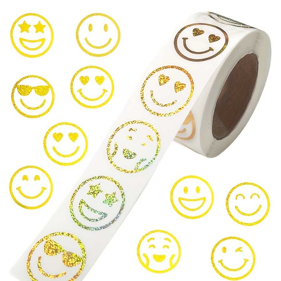 Image of 500pcs Foil Golden Round Face Icon Stickers Roll For Packaging Seals, Journals, Scrapbooks, Gift Wrapping And Creative Decoration, Decorative Label Stickers 14+.