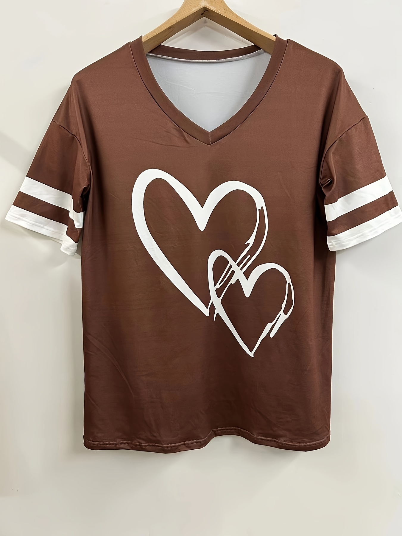 Women's Casual V-Neck Short Sleeve T-Shirt - Royal Blue with White Heart Print, Breathable Fabric, Machine Washable for Spring Summer Fall, Seasonal Fashion, Striped Detailing, Relaxed Fit Shirt