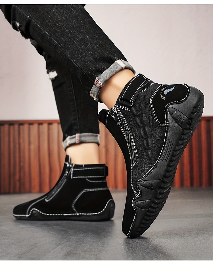 [Handmade Boots] Large Size Men's Boots | Zippered Slip-on Upper 38-48 Octopus Mid-top Rubber Sole Handmade Outdoor Boot Casual Walking Shoes