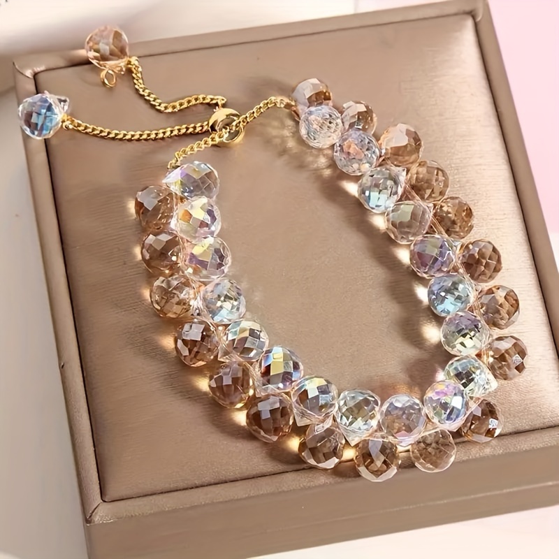 

1pc Elegant Double-layer Beaded Bracelet For Girls - Sparkling Artificial Crystals, Fashionable Accessory With Golden-tone Accents