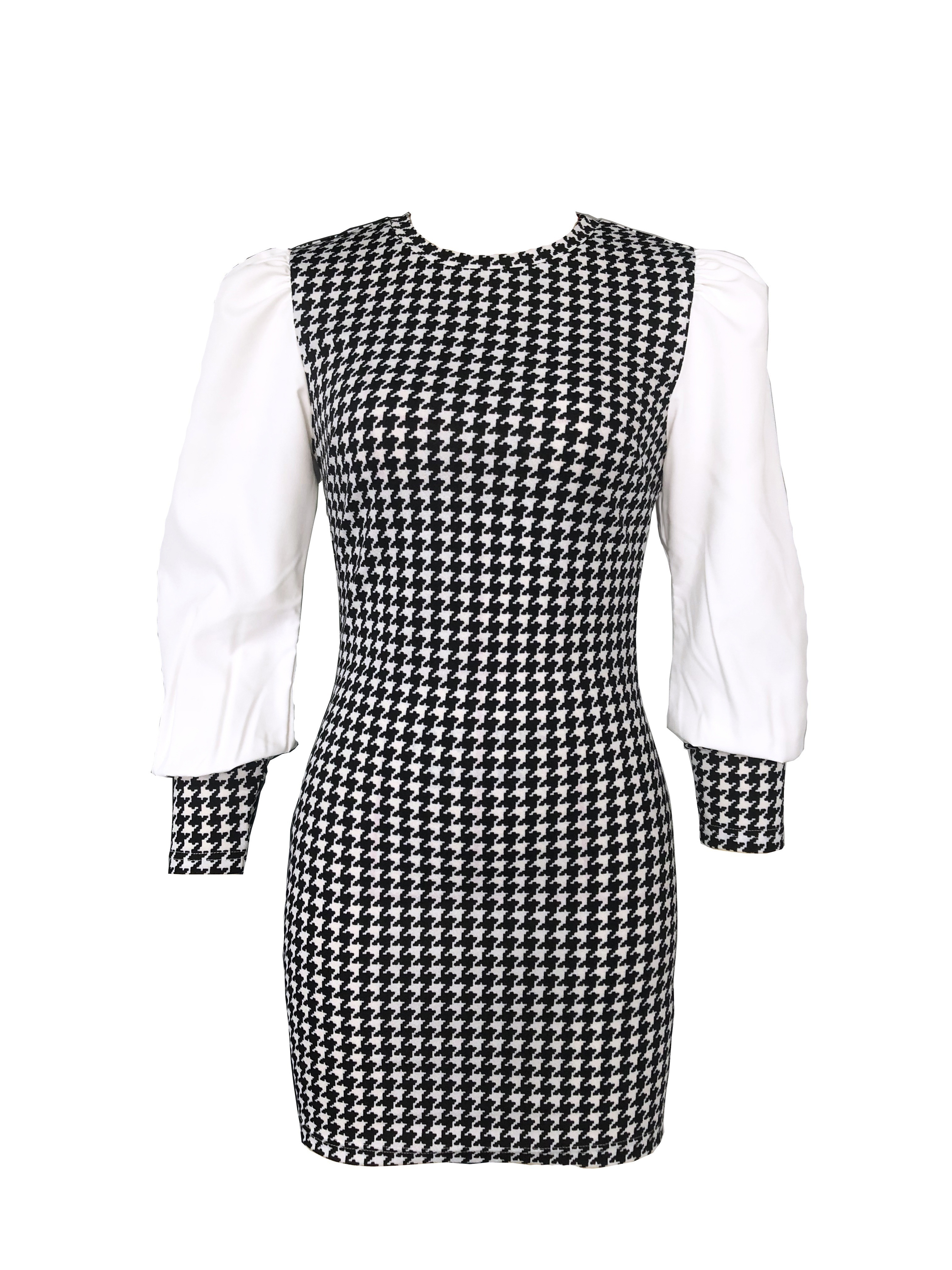 Houndstooth Print Bodycon Dress Casual V Neck Long Sleeve - Temu