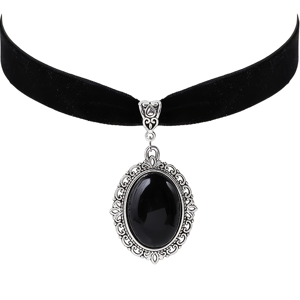 

[ Build] Elegant Black Velvet Gothic Choker Necklace With Oval Black Stone Pendant – Vintage Style Jewelry For Women, Parties Or Casual Attire, Gothic Jewelry