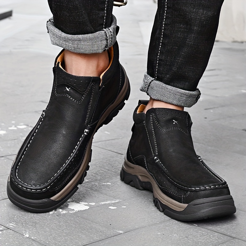 Herr höga läderloafers klassiska slip on vardagsskor för utomhusbruk, vandring, avslappnad klädsel, bekväm ovandel i äkta läder med halkfri gummisula, vardagsskor, slipon loafers, slitstarka gummisuladetaljer 3