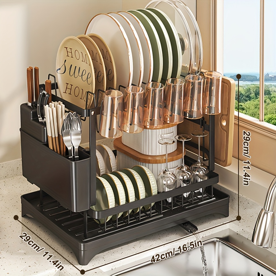 TEMU Égouttoir à Vaisselle 1pc URLUNA pour Comptoir de Cuisine - Organisateur Détachable à 2 Niveaux avec Porte-Couverts, Plateau d'Égouttage,