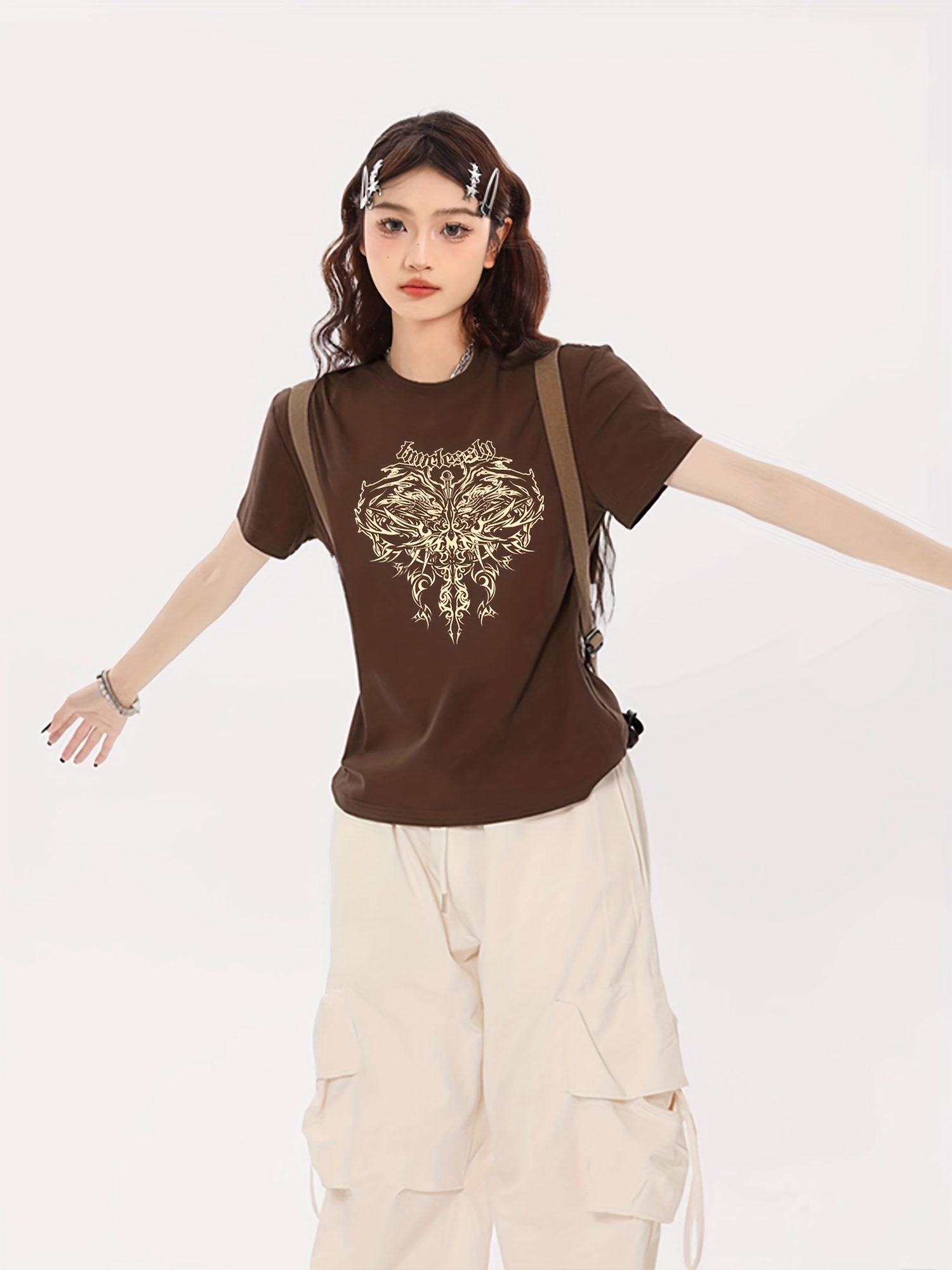 womens   fit short sleeve t shirt 2025 new arrival stylish golden cross print round neck casual summer top casual wear trendy womens tee glossy   Product details 0