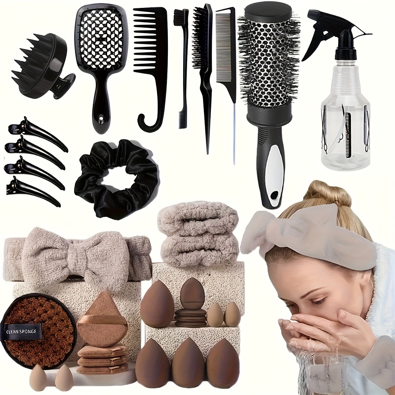 Image of 33pcs/professional Makeup Tool Set Hair Styling Tool Kit Sponge Puff Headband Massage Brush Spray Bottle Travel Portable Gift For Women Mother's Day Birthday Wedding Makeup Bag Essential