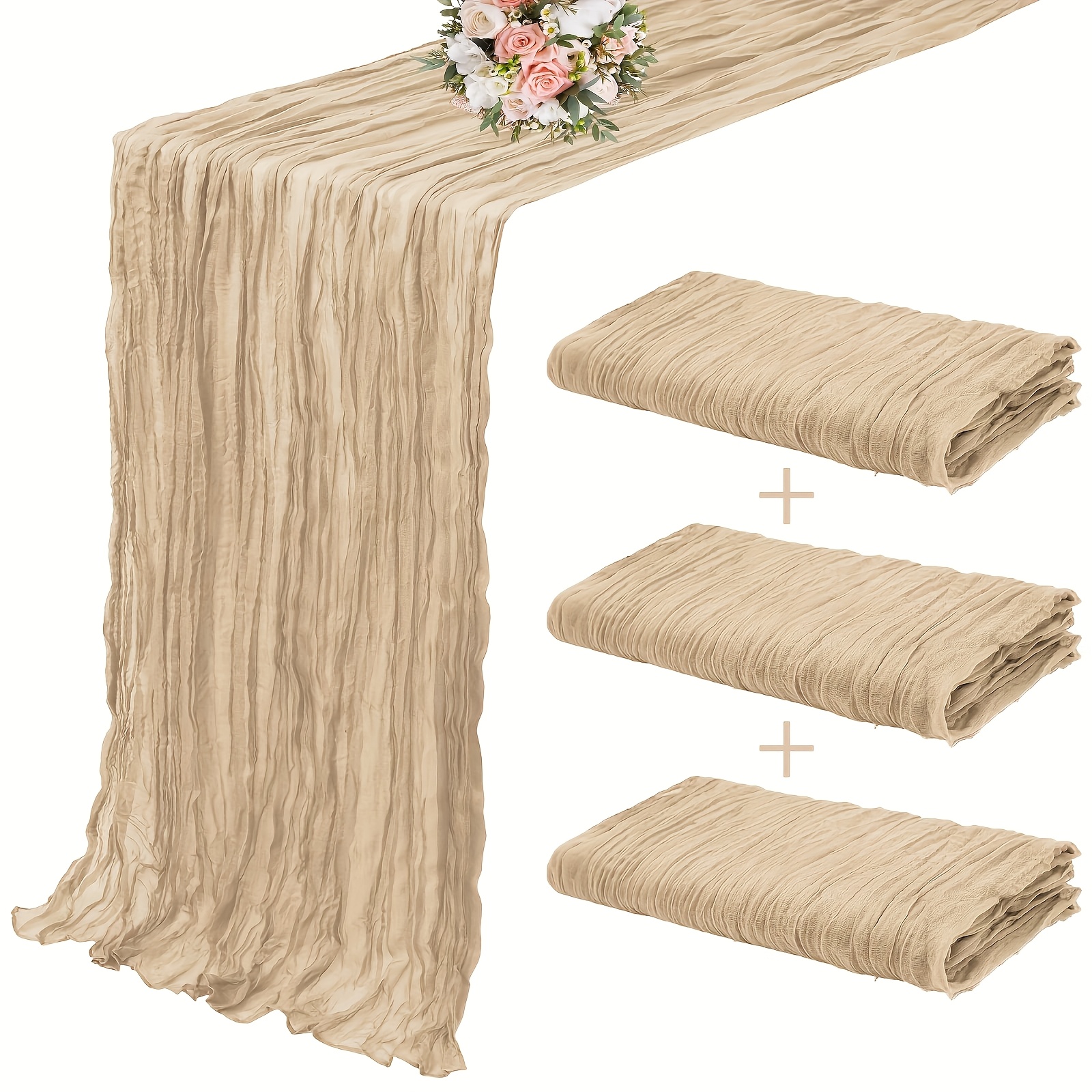 TEMU 3pcs Bohemian Twisted Table Runner Suitable For Weddings, Baby Showers & Holiday Parties - Champagne-colored Transparent Cheesecloth Design,