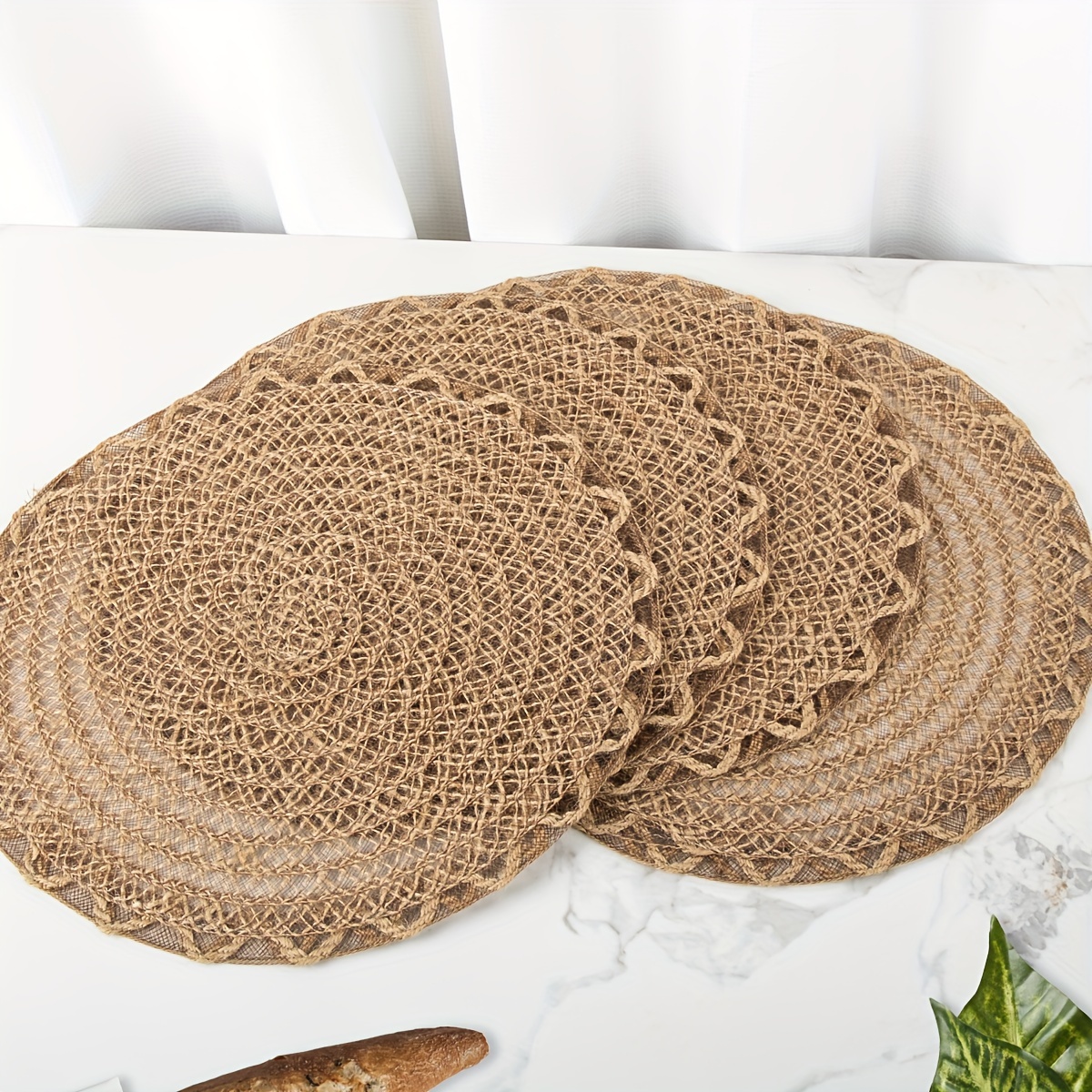 

4pcs Set Woven Jute Placemats With - Non-slip, Round Table Mats For Dining & Kitchen Decor