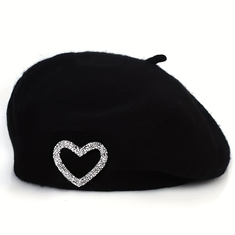 TEMU 1pc Heart Rhinestone Autumn Winter Solid Color Wool Beret Women's Hat Women's Hat Optional