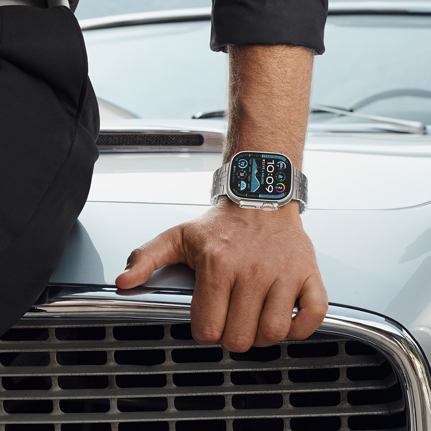MOOSOO Titanium Band 49mm, 45mm, 44mm Compatible with Apple Watch Ultra 49mm/Ultra 2 49mm/SE Series 9, 8, 7, 6, 5, 4, 3, 2, 1. 22mm Wide Adjustable Titanium Links with Magnetic Clasp. Just a watch strap, not a watch