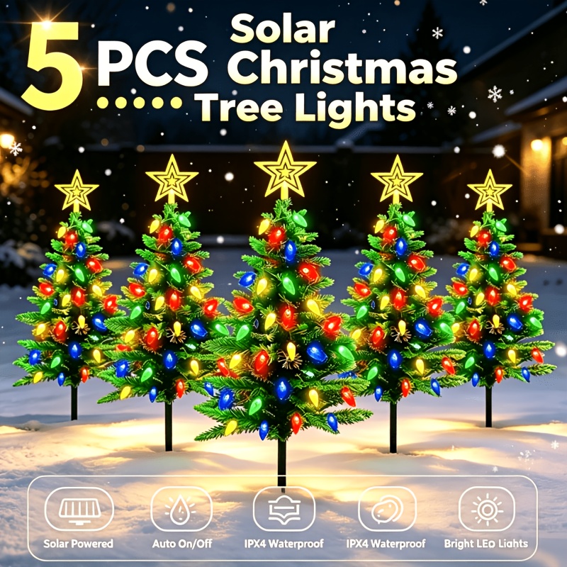 item picture 5pcs solar simulation christmas tree lights colorful led   lights   waterproof solar auto charging for garden lawn pathway porch christmas halloween yard holiday decoration weather resistant ornament lights