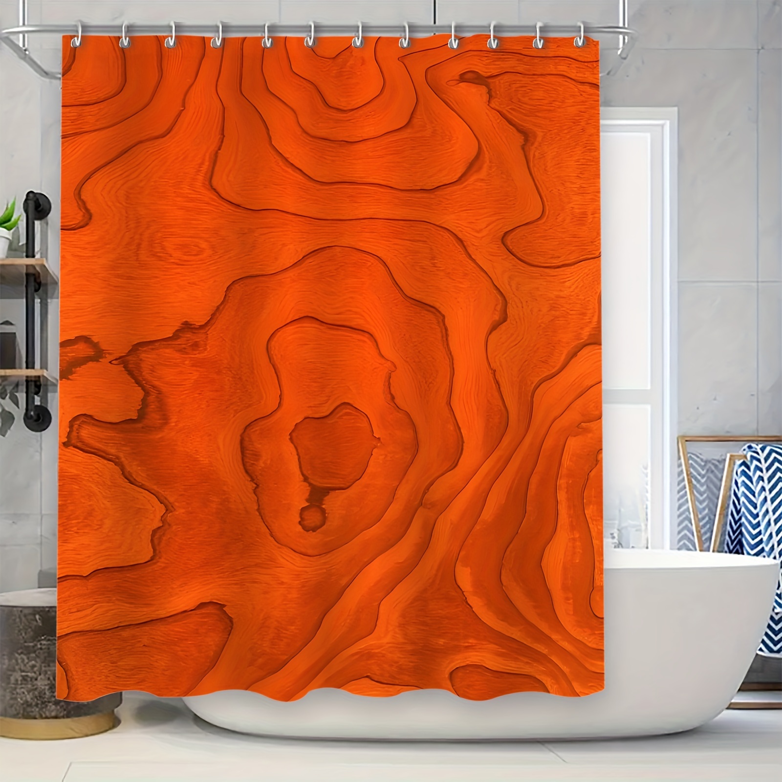 

1pc Orange Wood Grain Shower Curtain With 12 Hanging Rings, Waterproof Bathroom Partition Curtain, Mold Resistant Bath Decor, Stylish Home Tub Drapery, 70.8"x70.8