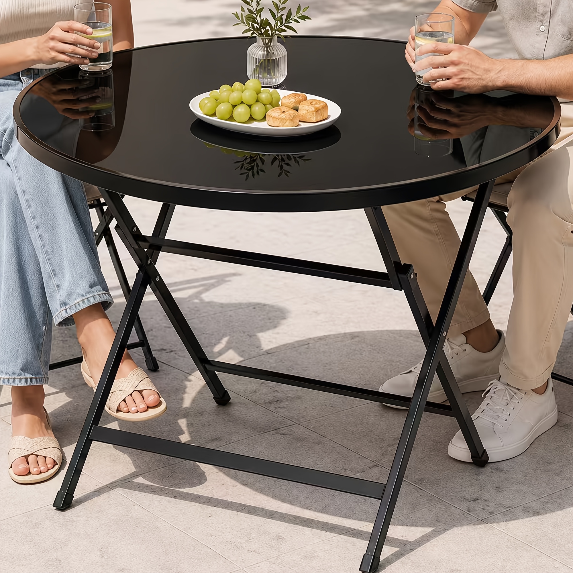 Image of Black Folding Round Table, Portable Folding Table, Mirror Glass Folding Round Table, Easy To Store Folding Garden Table, Suitable For Living Room, Bedroom, Terrace, Balcony, Garden And