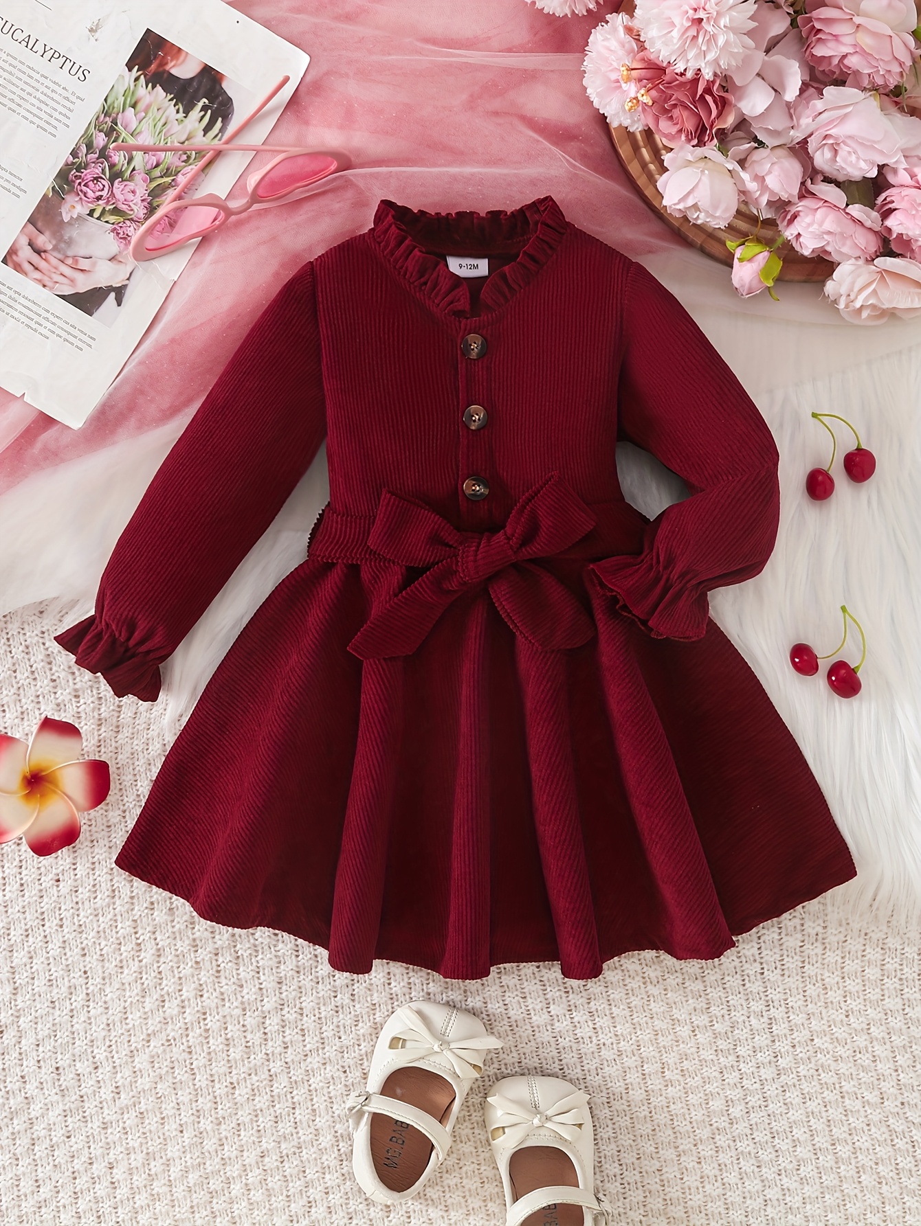 2pcs Girls' Solid Color Corduroy Dress and Belt Casual Set