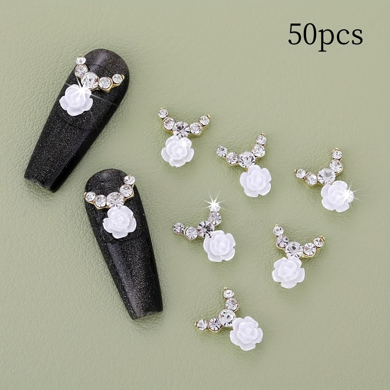 Image of A Set Of 50 Rose Flower Nail Decorations With Rhinestones, Perfect Nail Art Additions For Women And