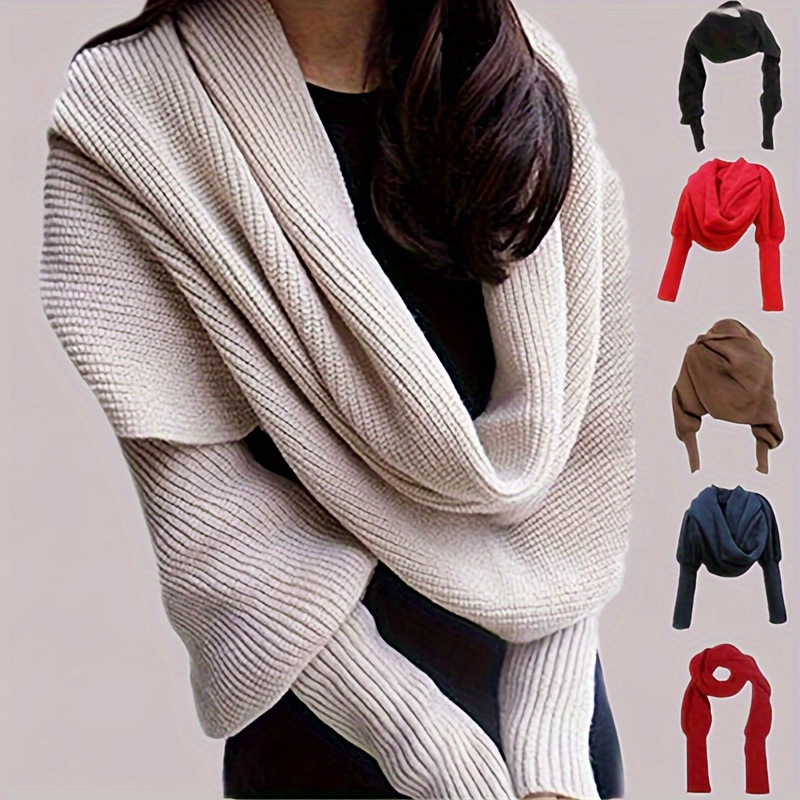 

1pc Elegant Knit Scarf With Long Sleeves - Soft, Breathable Polyester Shawl In Solid Color | Casual & Comfortable | Windproof Wrap For Use | In , Red, Brown, Navy Blue