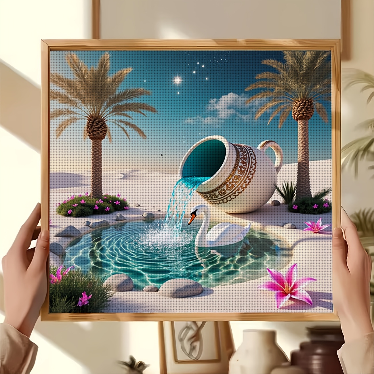 Cross Stitch Printed Kit, Desert Pottery Jar Flowing Swan