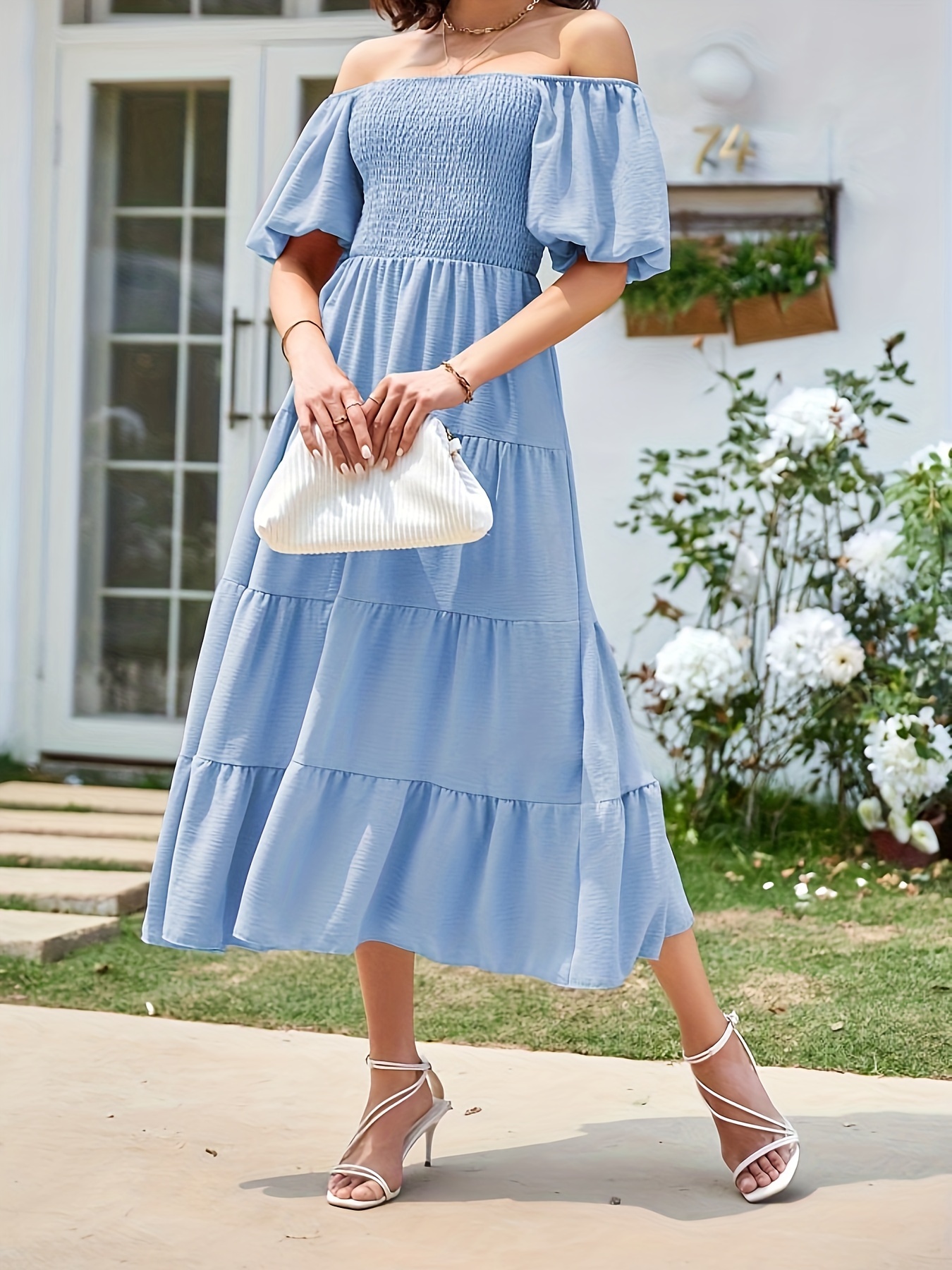 Chic Off-Shoulder Puff Sleeve Maxi Dress Versatile Solid Color, Elastic  Waistband Spring/Summer/Fall