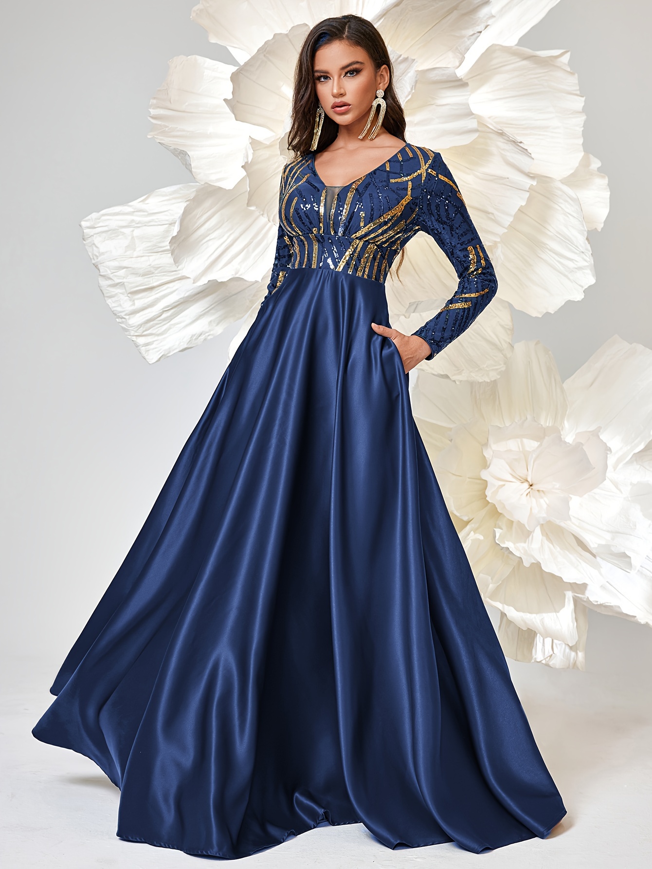 Sequined V Neck Swing Bridesmaid Dress, Elegant Long Sleeve Dress For  Wedding Party, Women's Clothing