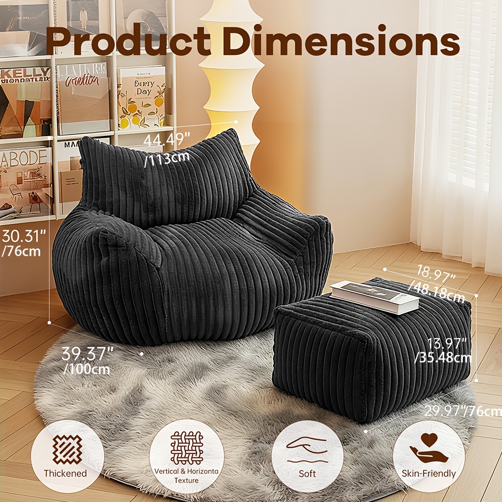 Adult Oversized Boneless Sponge Lazy Sofa, With Backrest And Footstool, Flannel, Space-, Suitable For Living Room, Bedroom, Reading, Entertainment, Relaxation, Single