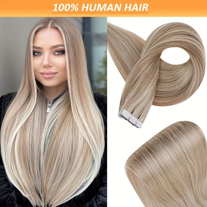 

20pcs Set Seamless Remy Human Hair Extensions, Straight & , 16-26 Inch, Easy To Apply - #27/613 Blonde