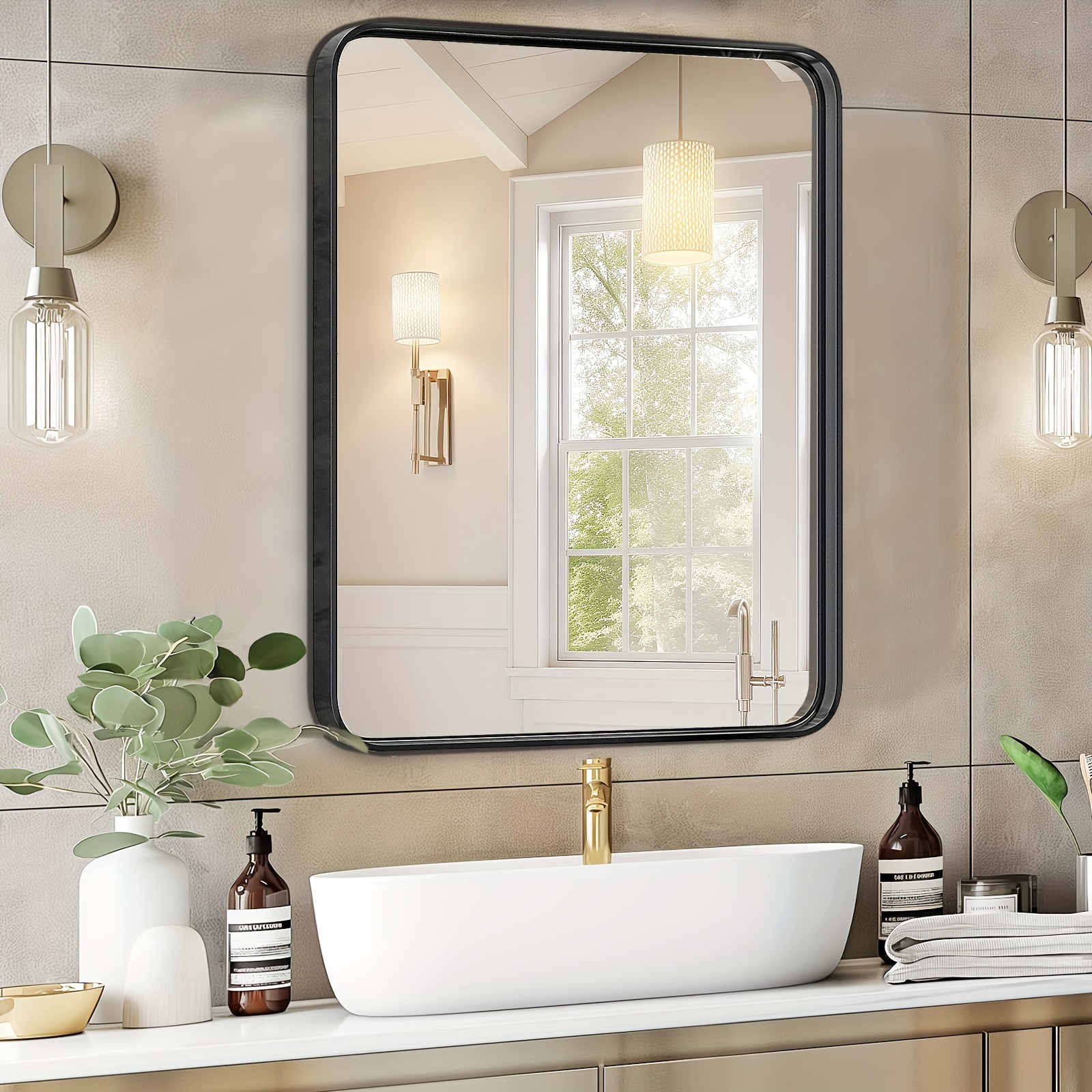 

24x36 Inch Bathroom Vanity Mirror For Wall Black Metal Framed Farmhouse Rectangle Mirror With Tempered Glass Anti-rust Ideal For Bathroom Farmhouse