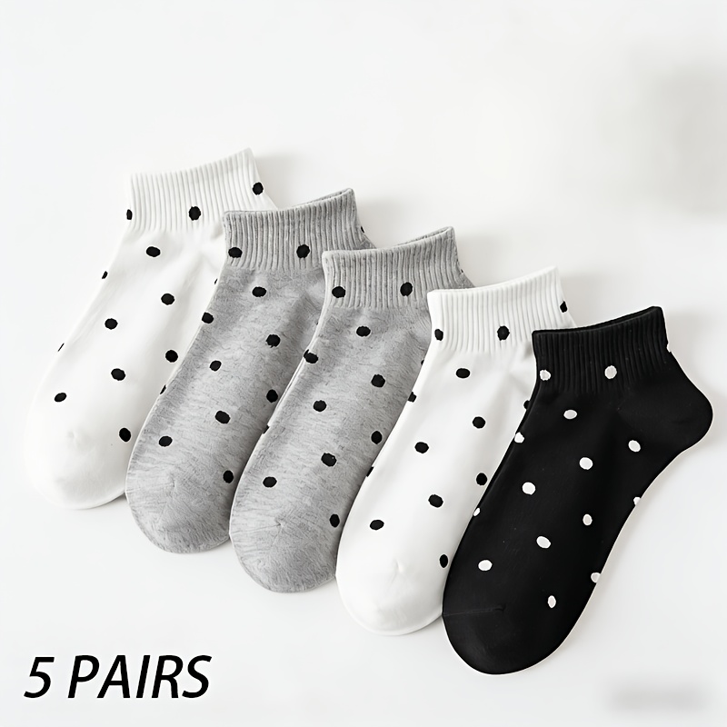 E-shop 5 Paar Sortiertes Pack – Damen Freizeitsocken, atmungsaktive bequeme schwarz-weiße graue gepunktete Knöchelsocken, süße vielseitige Socken im