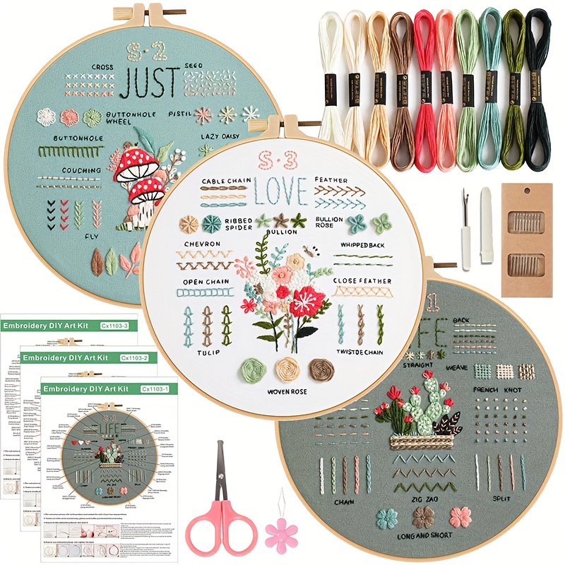 

3pcs Embroidery Kits With Flower Pattern, Embroidery Starter Kit For Beginners Adults Needlepoint Kits Diy Sewing Stitch Practice Kit, 1pc Hoop