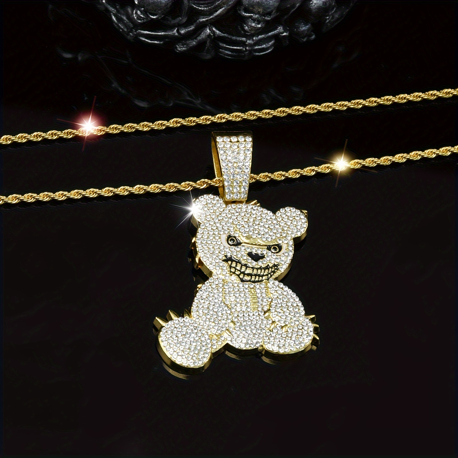 

Stylish Golden-tone Iced-out Teddy Bear Pendant Necklace With Sparkling Rhinestones - Zinc Alloy Chain, Hip-hop Streetwear Fashion Accessory For , Ideal For Birthday & Holiday Gifts, Bear Jewelry