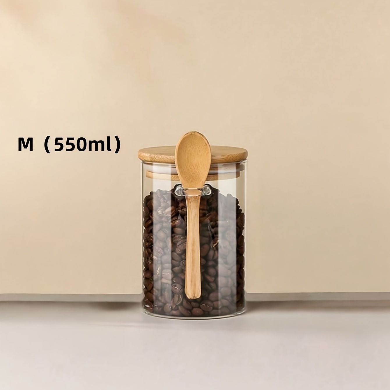 1pc Clear Food Storage Jar With Airtight Bamboo Lid And Spoon, Minimalist Coffee Canister For Beans, Tea, Sugar,…: retailer-supplied image