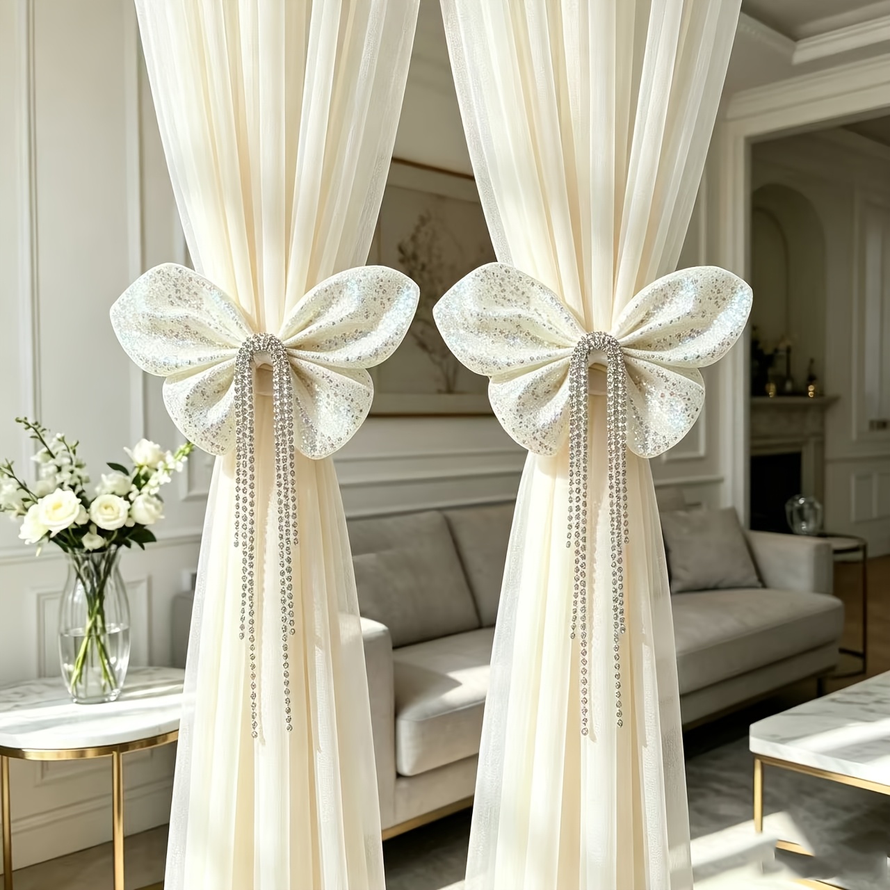TEMU Bow Curtain Tiebacks, 2-pack Sparkly Rhinestone Tassel Curtain Holdbacks, Fabric Decorative Curtain Clips For Home Window Decoration