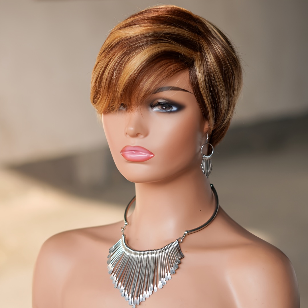 

P4/27 Pixie Cut Wigs For Pixie Cut Wig Human Hair Wig With Bangs Highlight Short Human Hair Wig Lace Front Wig Full Machine Wigs 6 Inch