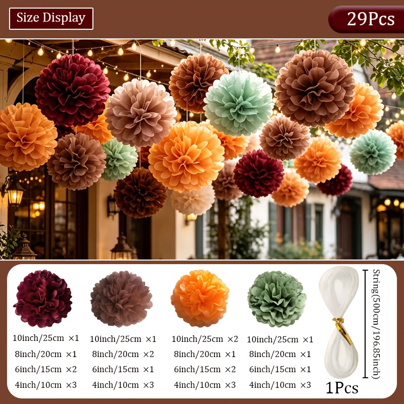 TEMU 29pcs Vibrant Paper Flower Balls Hanging Decorations, Paper Balls Wedding Supplies, Ceiling Decorations, Outdoor Decorations, Birthday Parties,