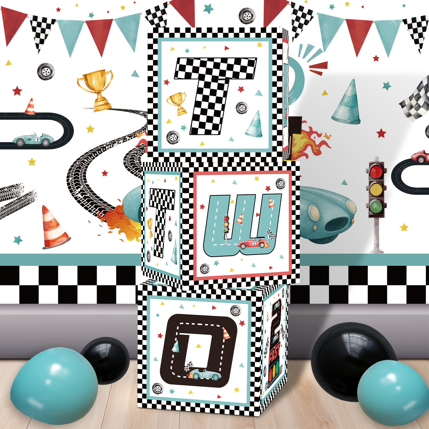 Image of Halloween, Christmas, 3-piece Halloween & Christmas Car Theme Checkerboard Card Box Set For 2nd Birthday Party Decorations – Perfect For Home Or Outdoor Celebrations
