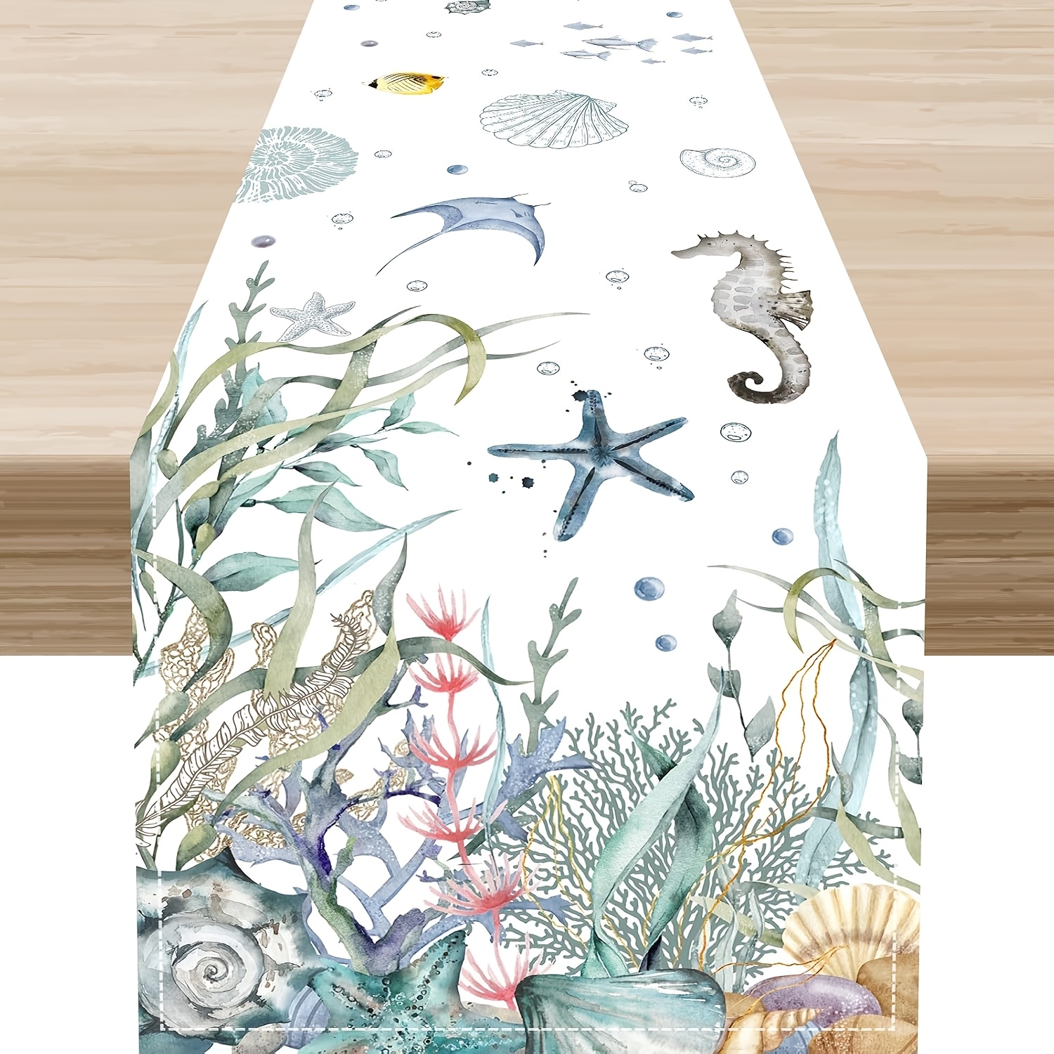 

A Coastal-themed Table Runner Featuring Nautical Like Starfish, , Coral, And Shells, Summer Dining Indoors And Outdoors, Measuring 13 By 72 Inches, Ideal For Rustic Farmhouse Decor And Parties.