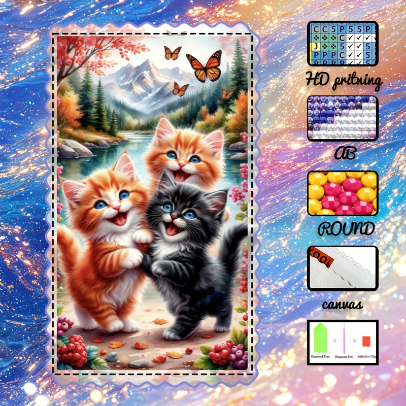 TEMU 3 pièces Kit de Peinture Diamant 5D Chaton - Thème Animal - des Ronds et des AB Scintillants pour un Éblouissante - Idéal pour la Décoration
