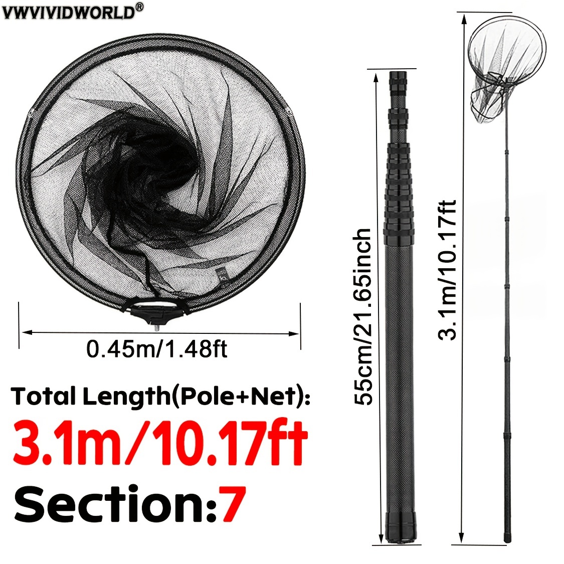 Carbon , 1.8-3.45m Portable Landing Net With Telescopic Pole, Outdoor Fishing Tackle