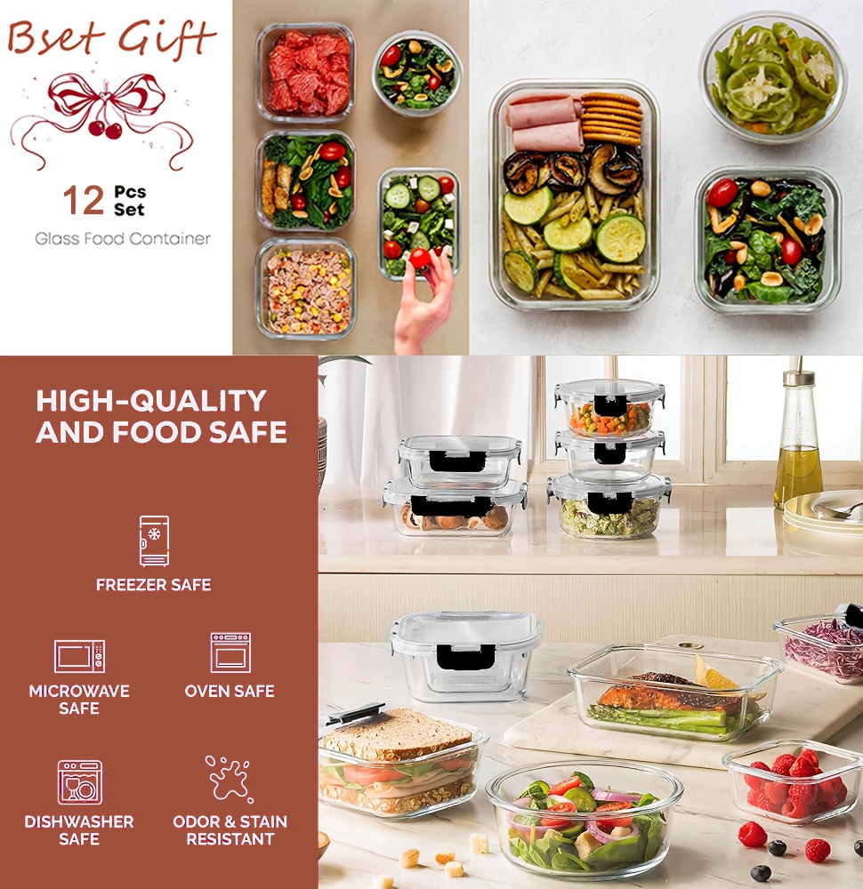 30pcs airtight glass food storage containers with lids set bpa free leak proof meal prep containers microwave oven freezer dishwasher safe 15 containers 15 lids clear glass for visibility   lunch prep fruits veggies   ideal for halloween christmas gifts food container storage kitchen containers food storage food prep containers Product details 0