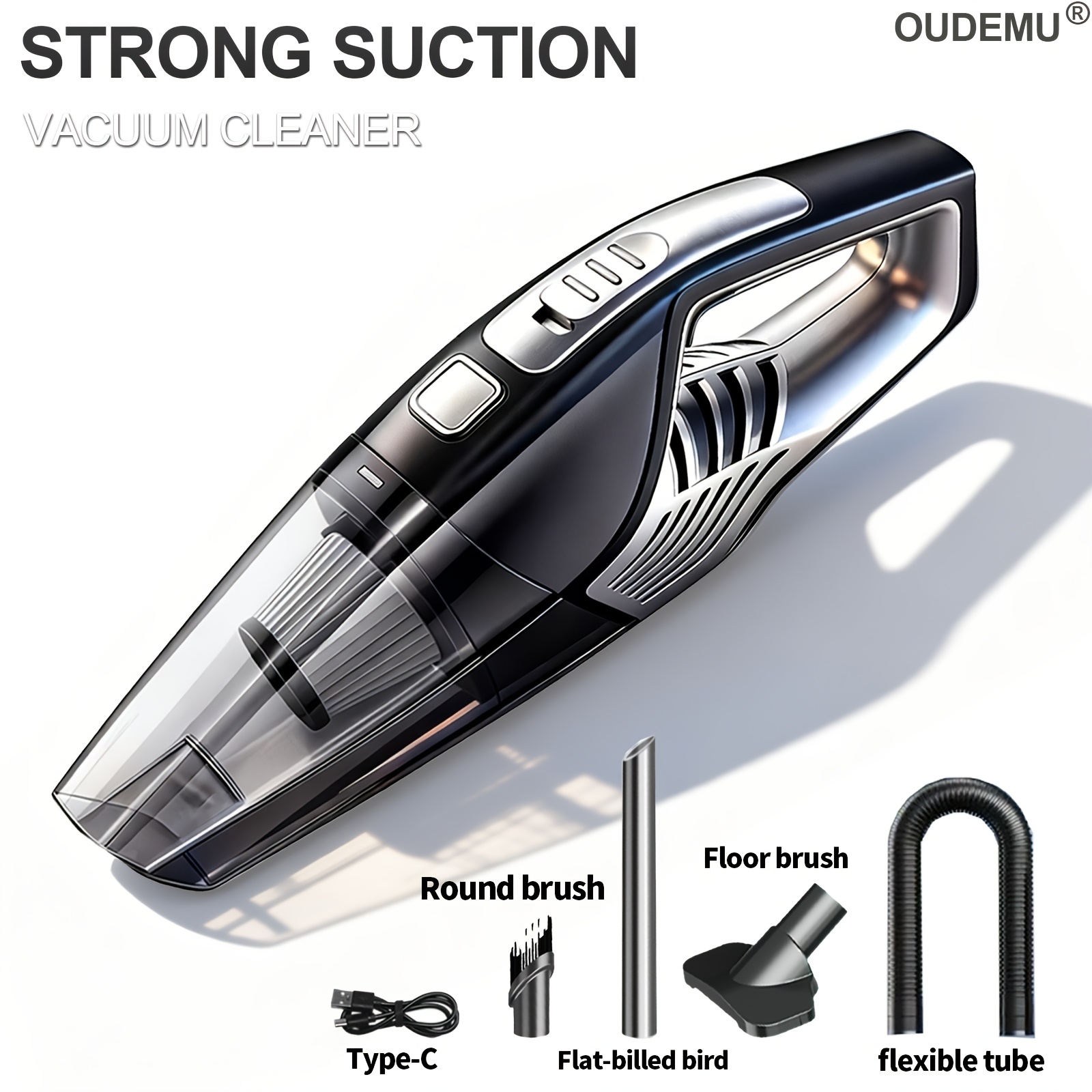 TEMU Oudmeu Car Vacuum Cleaner, Handheld Vacuum Cleaner, 6000pa Strong Suction, 1800mah Large Capacity, , With 5 Matching Additions For Car Interior