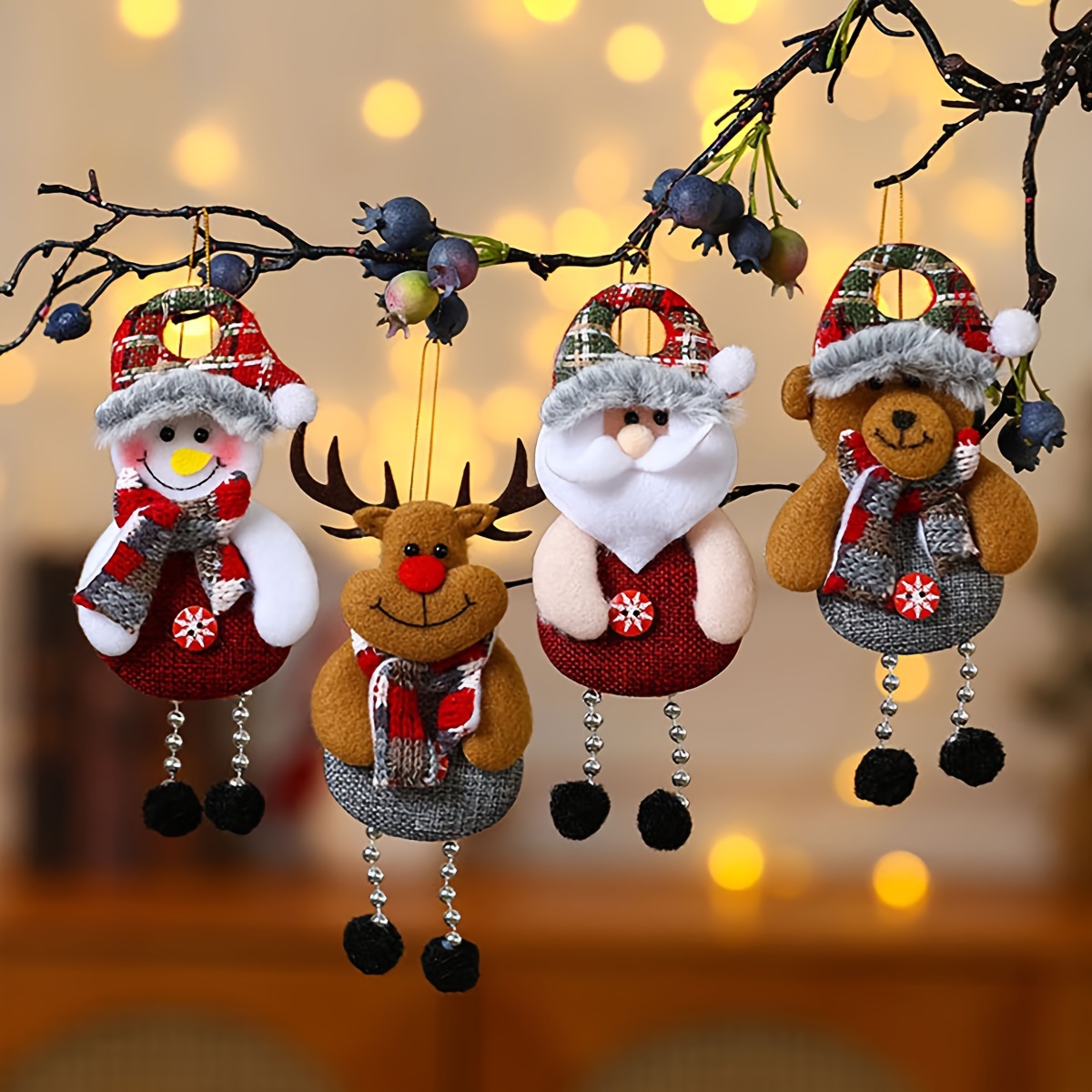 TEMU 4-pack Christmas Ornaments, Rustic Fabric Santa, Reindeer, Snowman, Bear, Cute Tree Hanging Decor, No Power Needed, For Home & Kitchen Holiday Decor