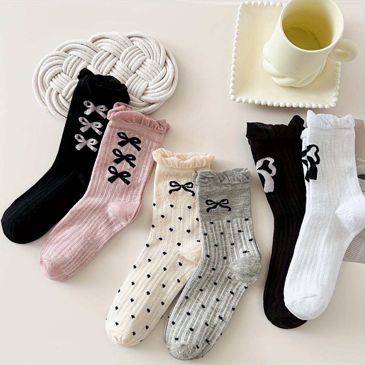 TEMU Color 6-pack Mid-tube Socks-gxn-simple Bow Versatile Socks