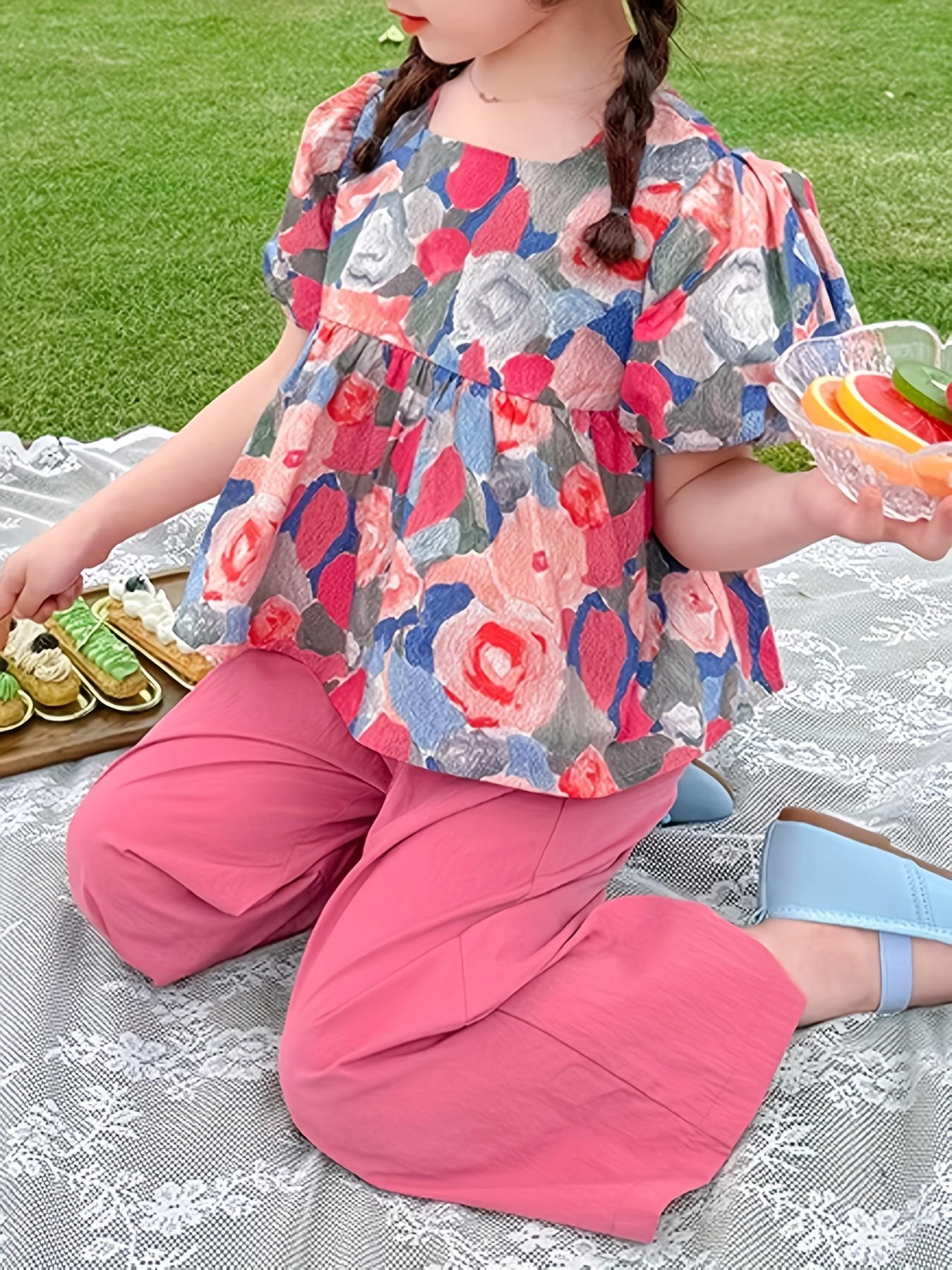 Girls' Summer Outfit Set 2025 New Style Girls' Outdoor Fashion Floral Print 2pcs Short Sleeve Wear Summer Clothes, for Outdoor