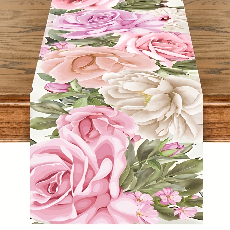 TEMU 1pc Watercolor Floral Table Runner - Spring Peony Design With On Green Leaves, Durable Polyester Fabric For Weddings, Birthdays, Easter, Kitchen