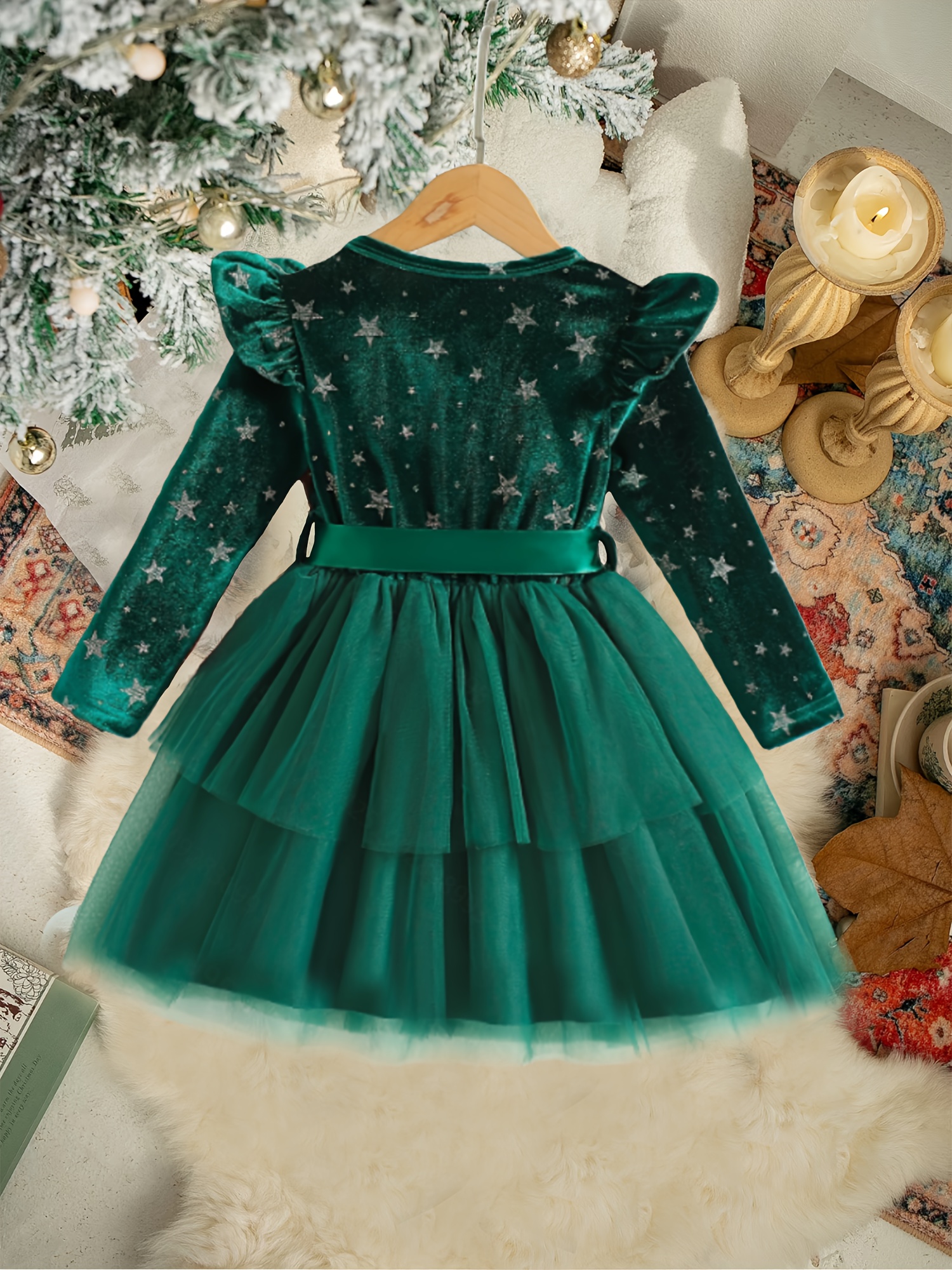 white christmas dresses In Stock E25-4-2）Girls Christmas Embroidery Green Velvet Smocked Dres main image 1