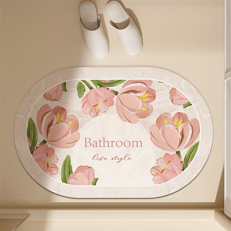 TEMU 1pc Oil Painting Style Bathroom Mat, Multicolor Tulip Pattern Print, Oval Design, Soft Mud Foot Mat, Bathroom Water-absorbing Anti-slip Mat,