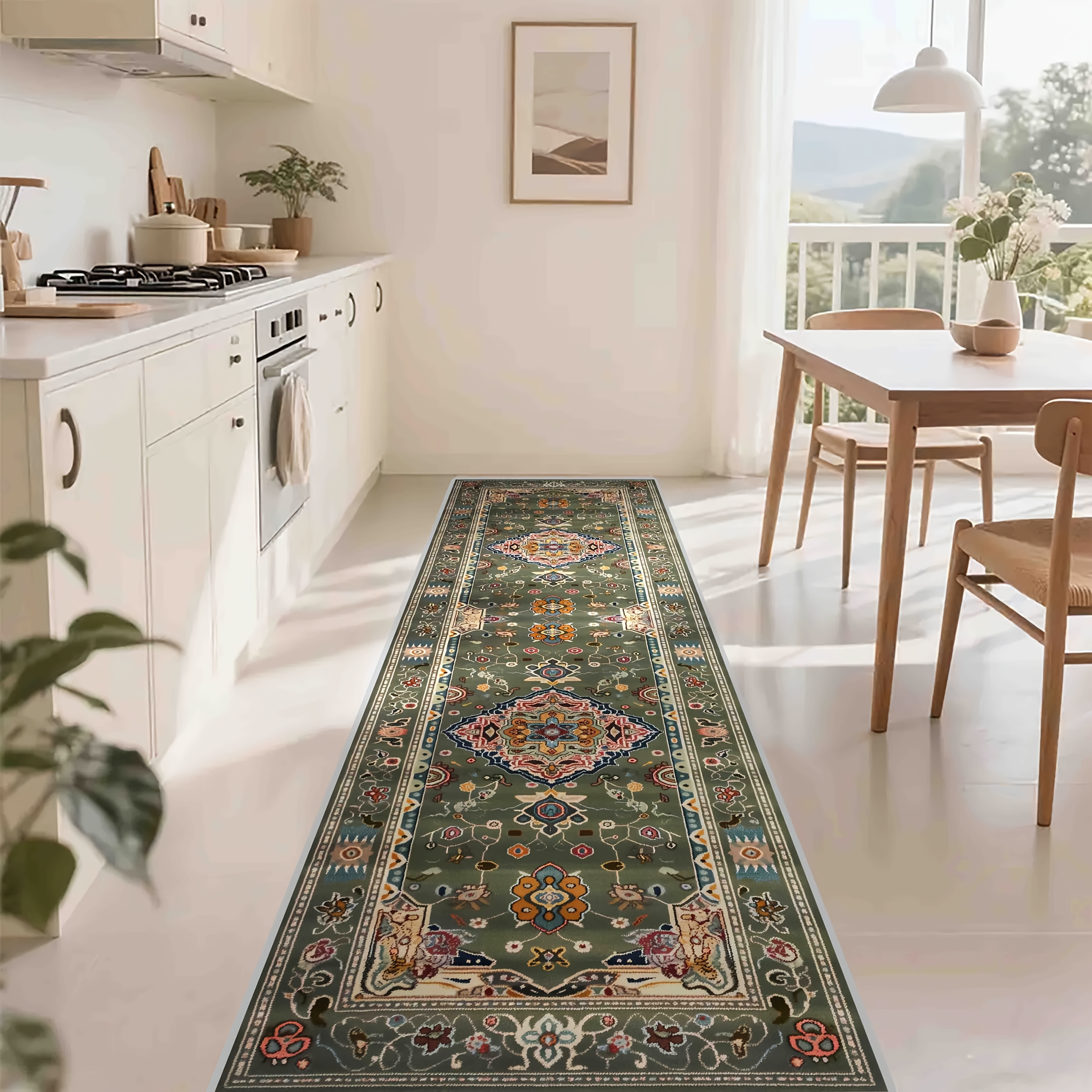 TEMU Golden Diamond Velvet 1pc Runner Rug, Exquisite Green Persian Pattern, , Beautiful, Comfortable, Decorative, Soft, With Precision Binding, Easy