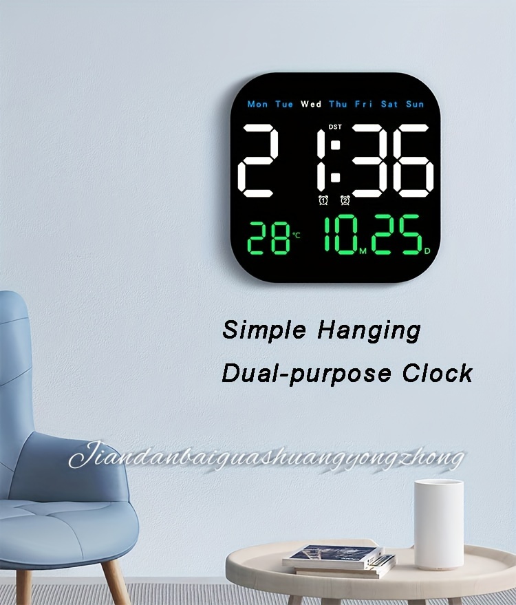 large led digital wall clock with remote control usb powered rechargeable   alarm temperature display calendar for bedroom details 0