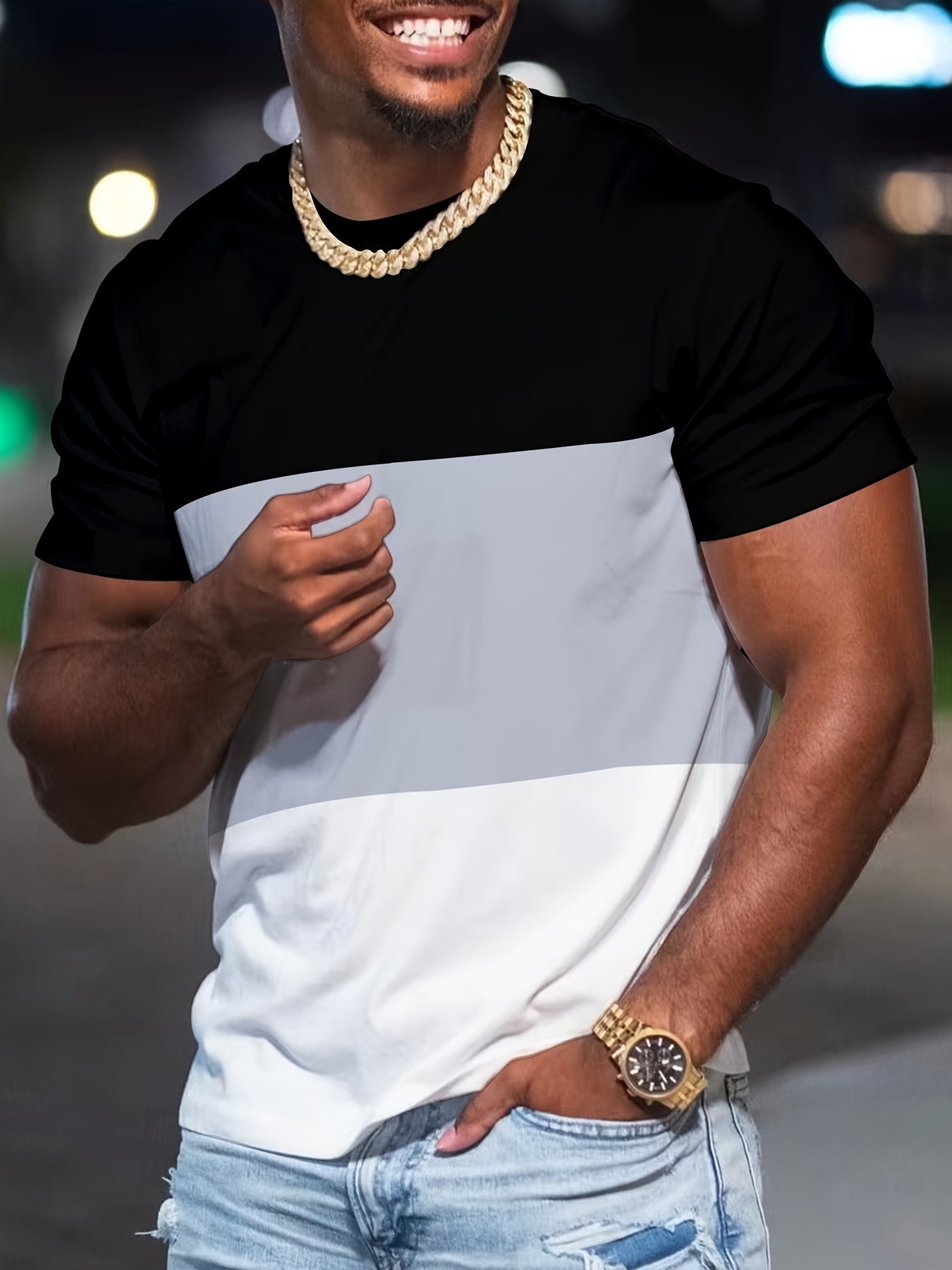 MBDMBD Men's Slim Fit Color Block T-Shirt - Casual, Stretchy Polyester Blend, Crew Neck, Machine Washable - Summer Essential in Black, Pink, and White