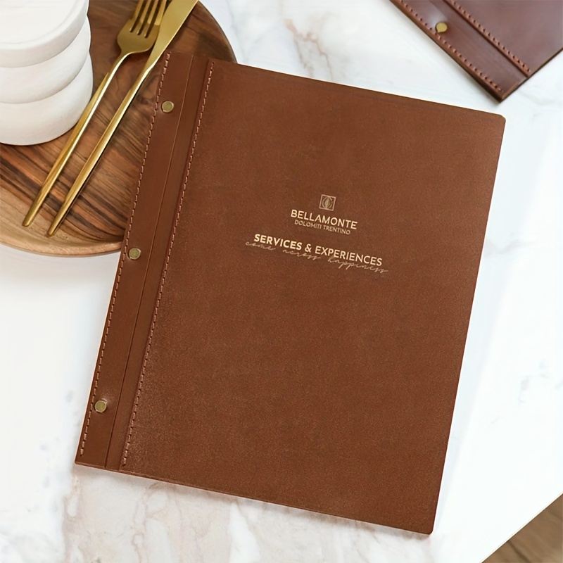 TEMU 1pc Personalized A4 Faux Leather Material Restaurant Menu Covers With Insert Bags, Custom Wood Back Board Menu Holder, Design Menu Book, Golden